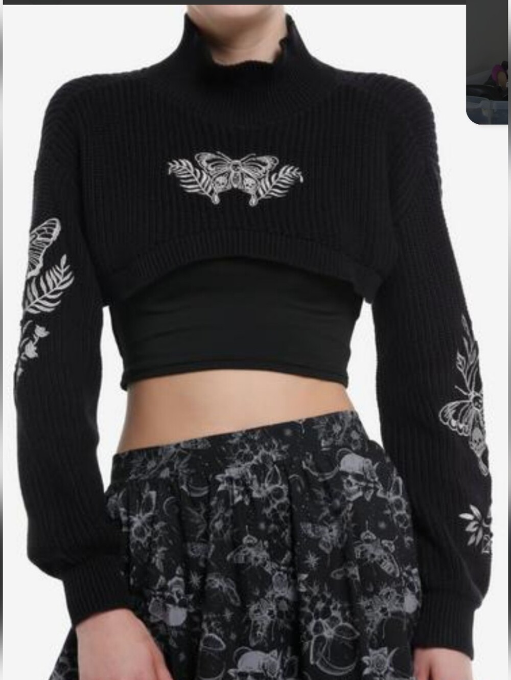 COSMIC AUREA Black Death's Head Moth Mock Neck Crop Sweater Sz L